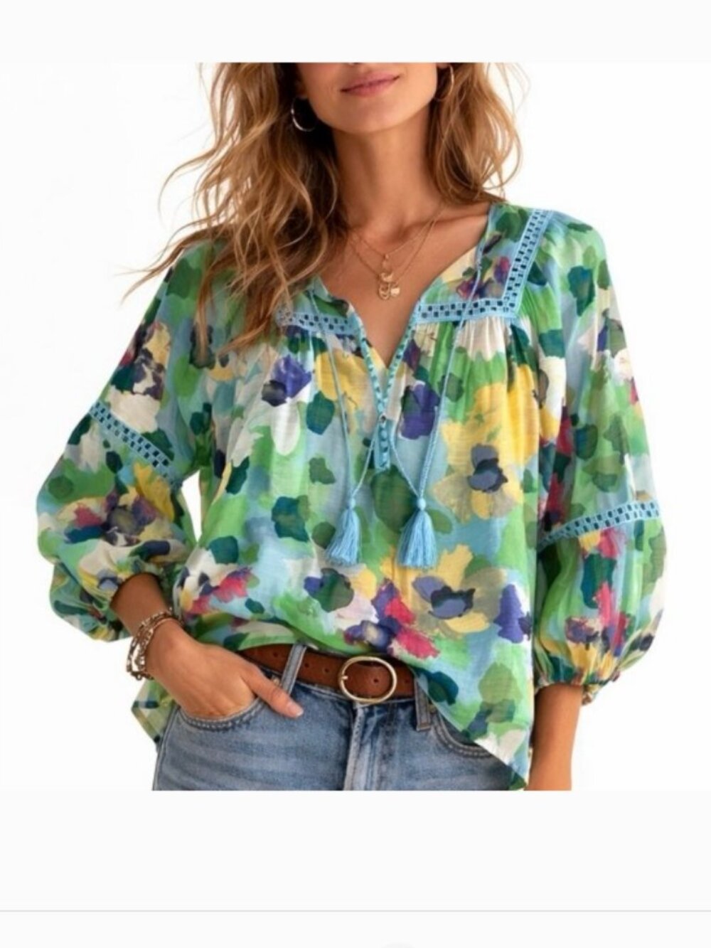 Hope & Harlow Watercolor Floral Peasant Top Size L Blue Green Boho Crochet Lace - Picture 13 of 13